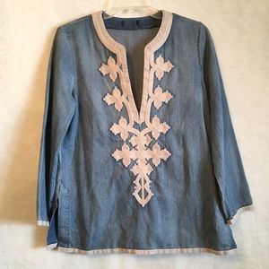J Crew Chambray Embroidered Soutache V Neck Tunic